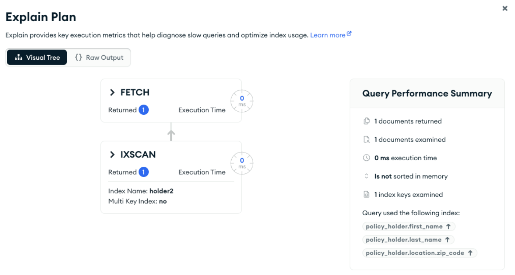 Explain plan showing that the compound index was used as documents examined == 1 & documents returned == 1.